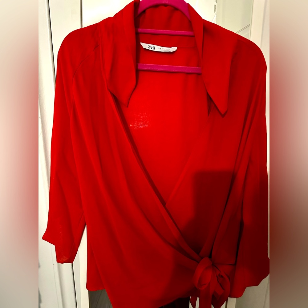 Zara red wrap blouse